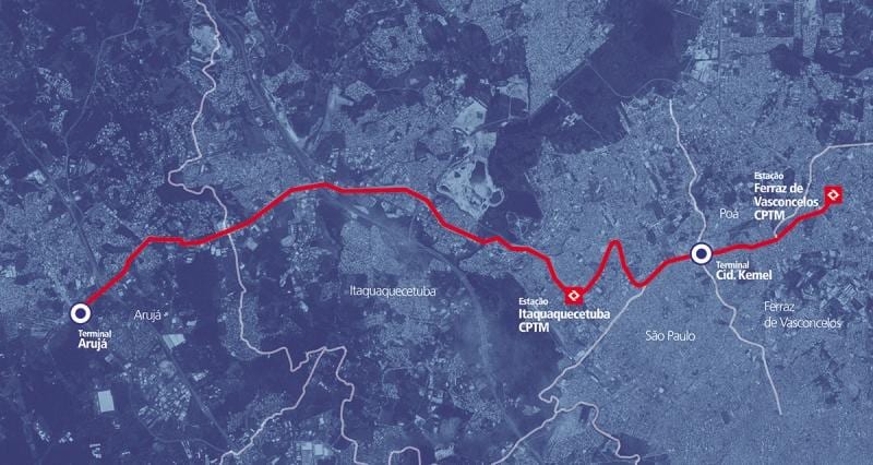 Map of corredor BRT metropolitano Perimetral Alto Tietê